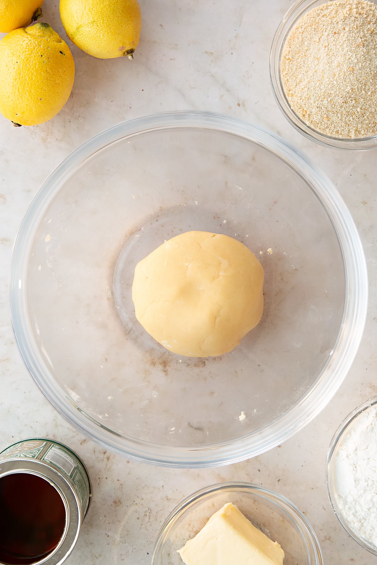 Overhead shot of the dough having been rolled into a ball.