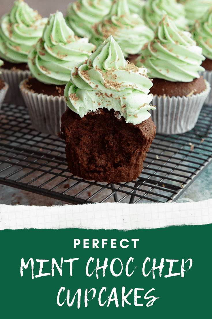 Pinterest image for the mint choc chip cupcakes and text at the bottom describing the recipe for Pinterest.