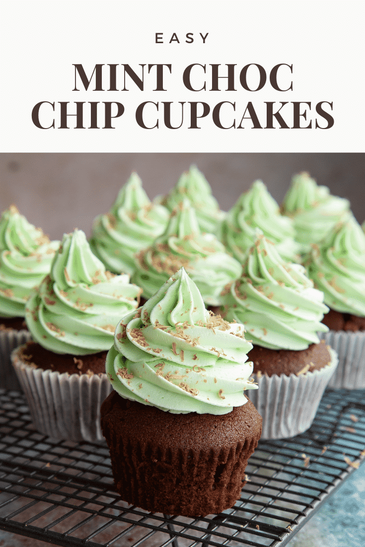 Pinterest image for the mint choc chip cupcakes and text at the top describing the recipe for Pinterest.