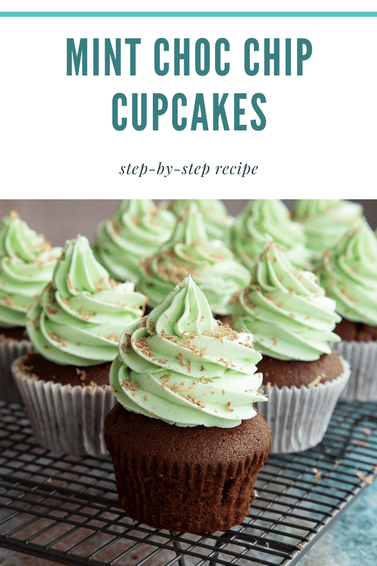 Pinterest image for the mint choc chip cupcakes and text at the top describing the recipe for Pinterest.