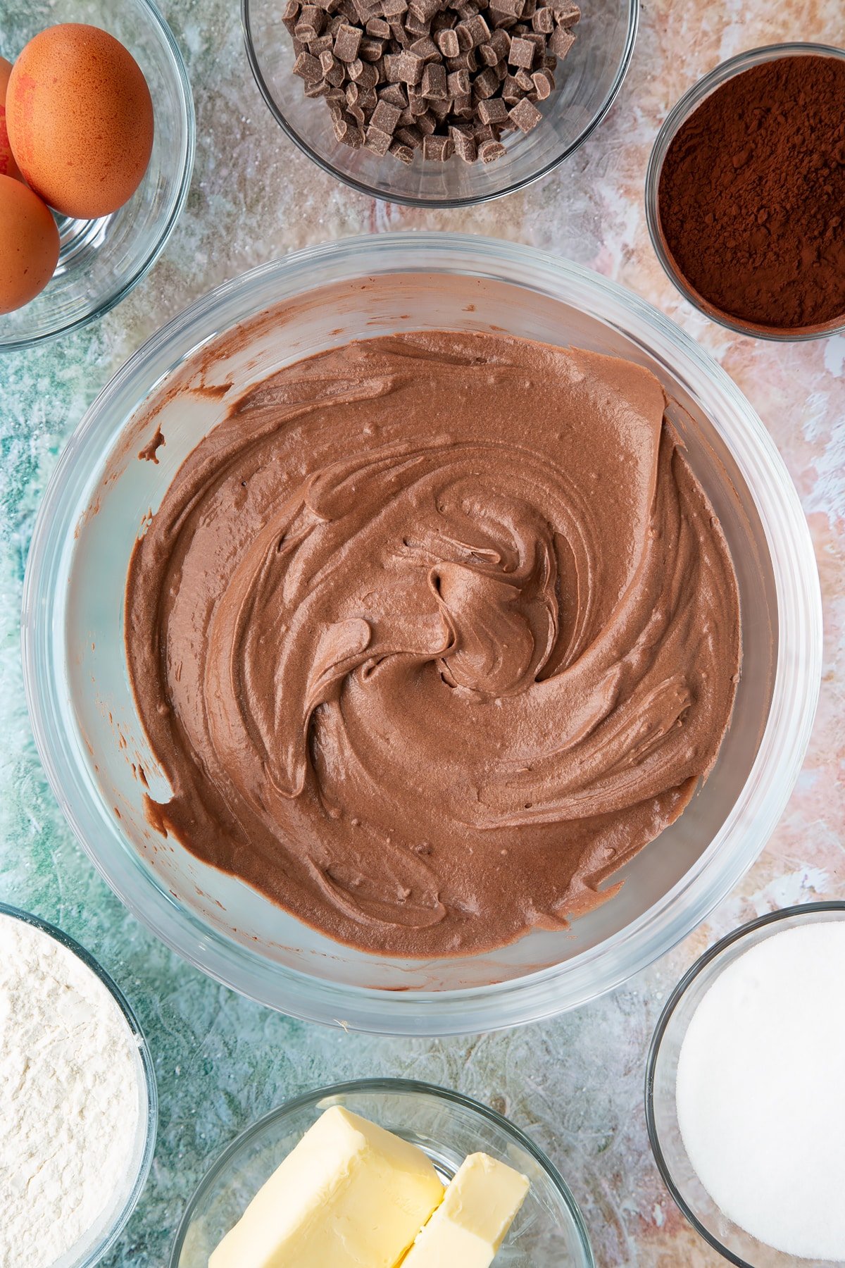 Overhead shot of the cupcake mixture mixed together in a mixing bowl.