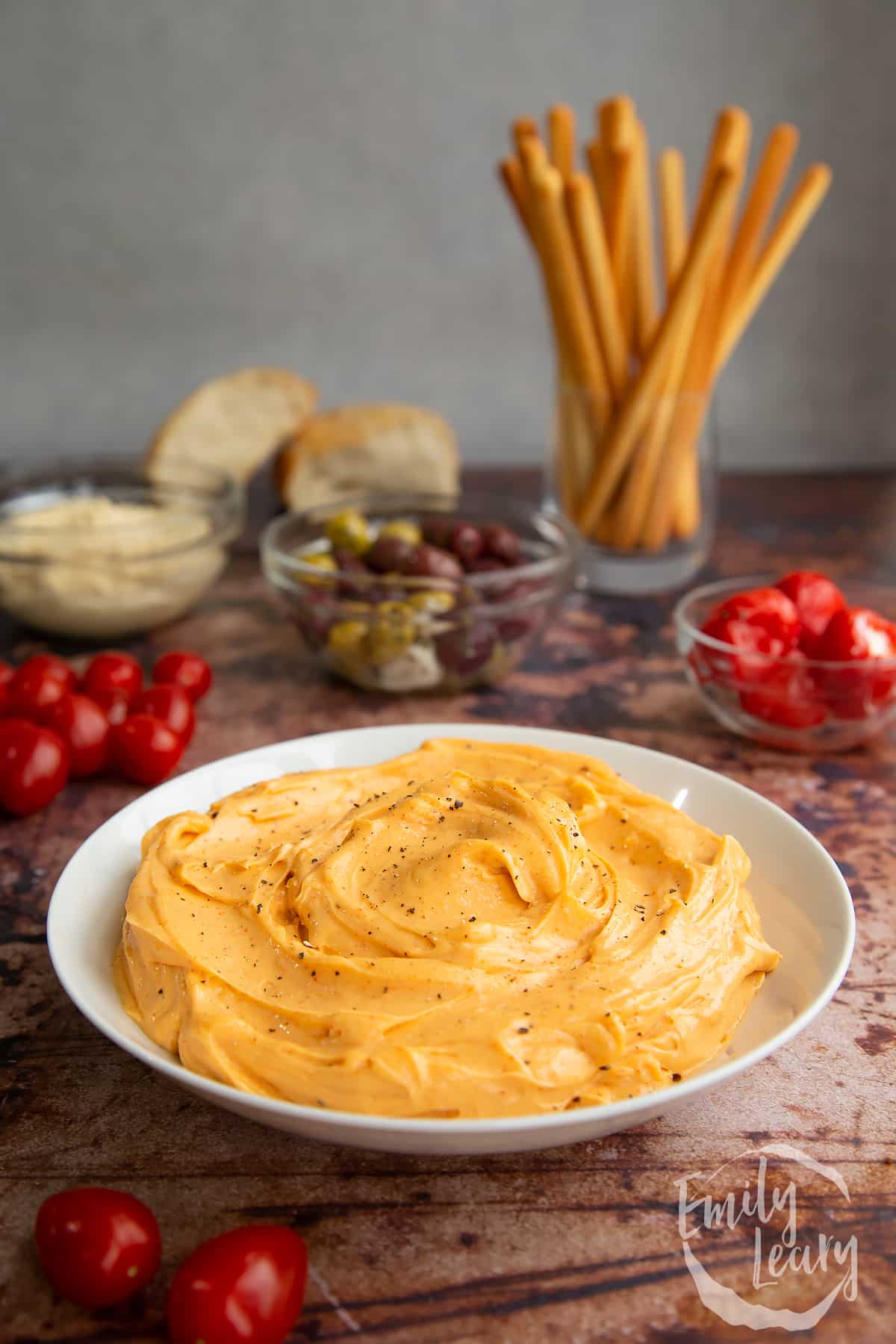 Paprika mayo in a shallow white bowl. 