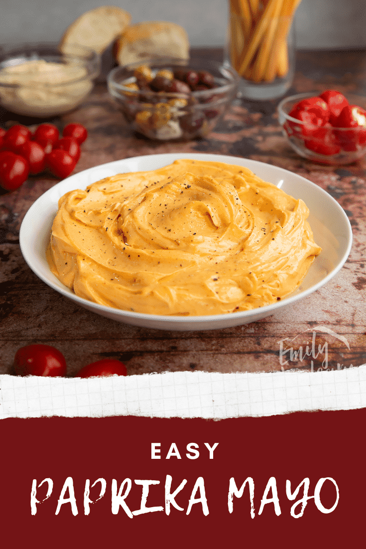 Paprika mayo in a shallow white bowl. Caption reads: Easy paprika mayo.