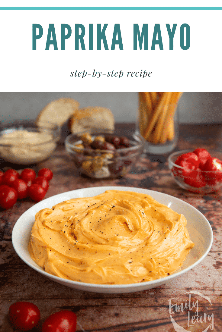 Paprika mayo in a shallow white bowl. Caption reads: Paprika mayo. Step-by-step recipe