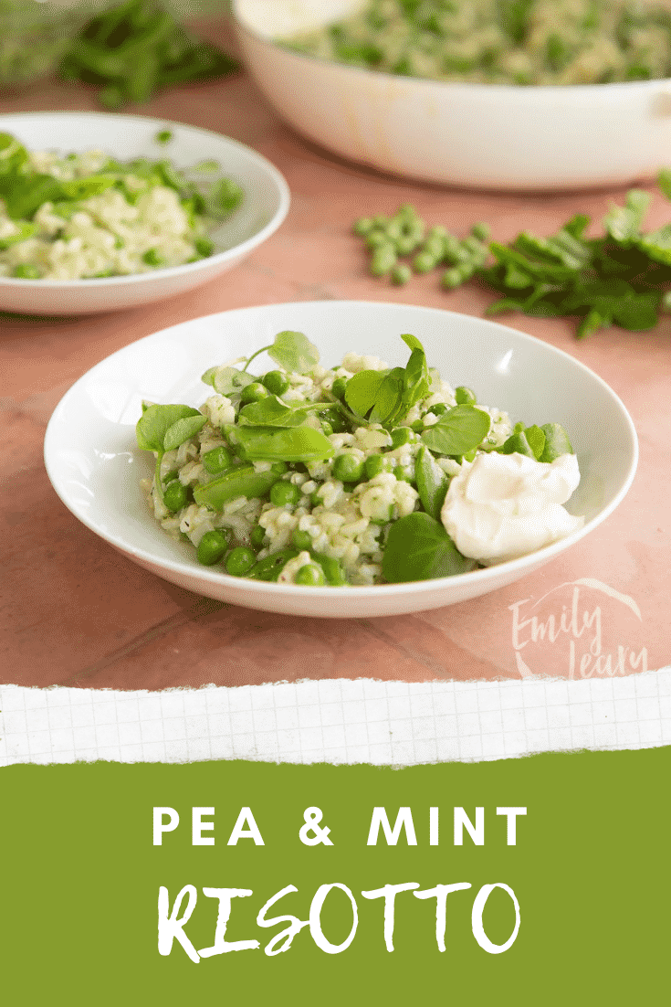 Pea and mint risotto image with text at the bottom describing the image for Pinterest.