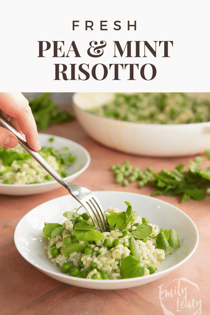 Pea and mint risotto image with text at the top describing the image for Pinterest.