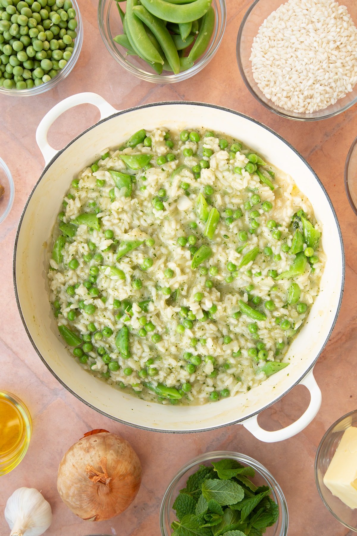 Overhead shot of the finished pea and mint risotto.