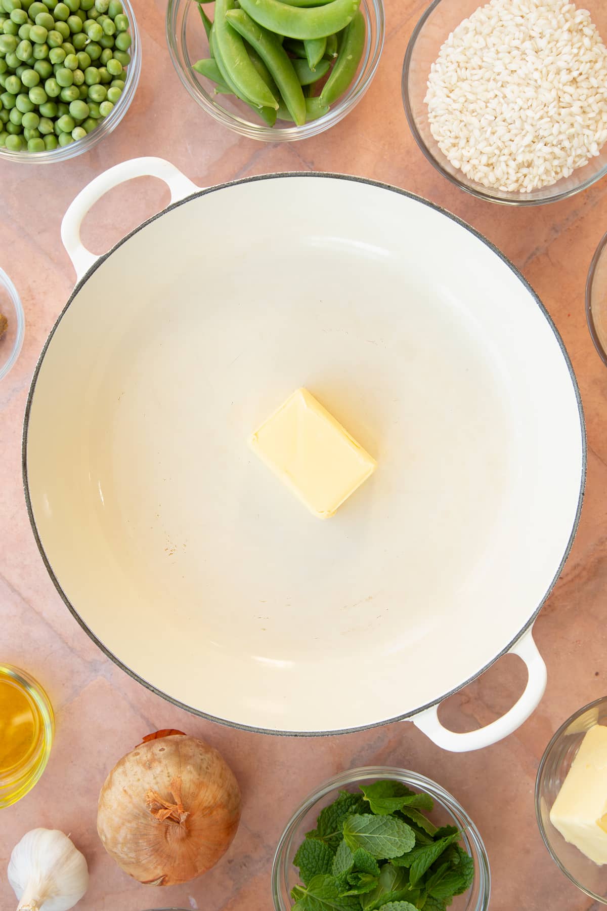 Overhead shot of butter in a pan.