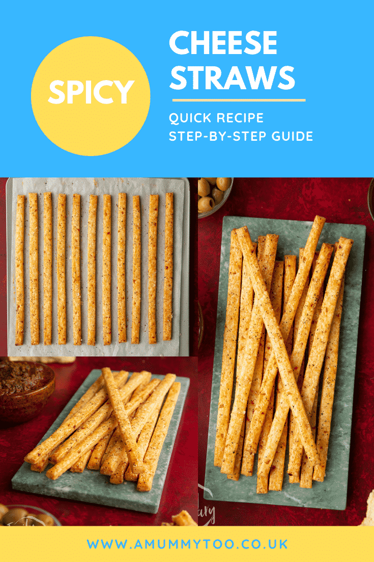 Pinterest image for the spicy cheese straws with text at the top describing the image for Pinterest.