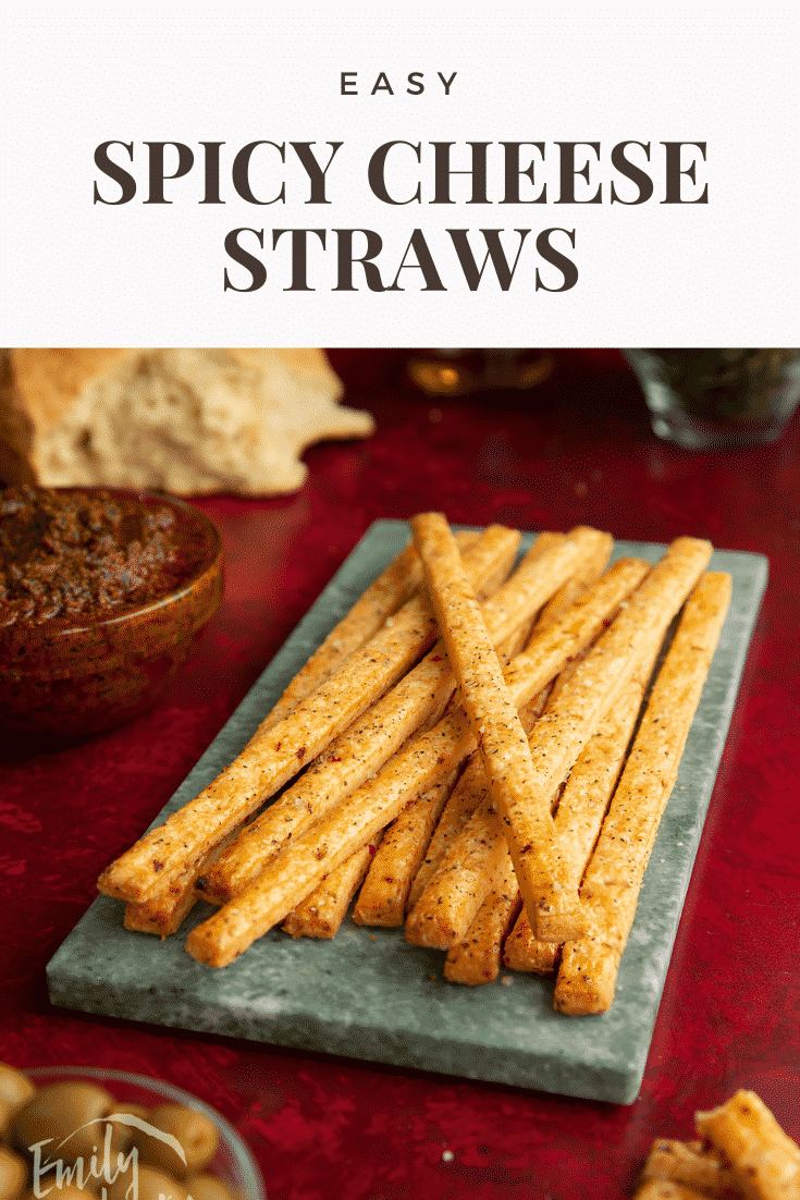 Pinterest image for the spicy cheese straws with text at the top describing the image for Pinterest.