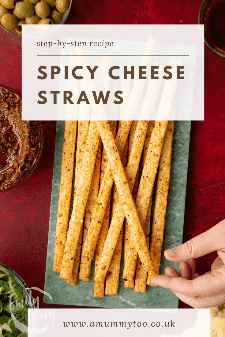 Pinterest image for the spicy cheese straws with text at the top describing the image for Pinterest.