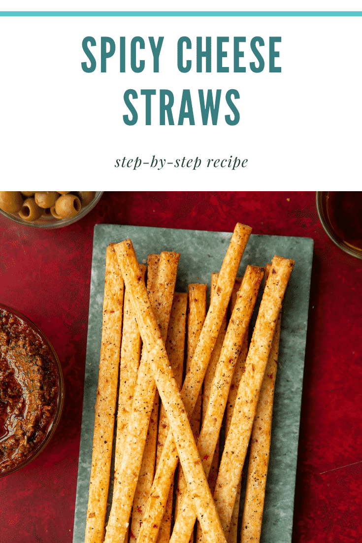 Pinterest image for the spicy cheese straws with text at the top describing the image for Pinterest.