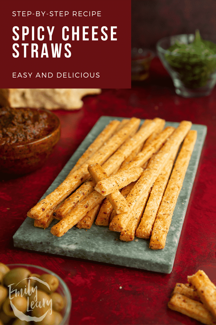 Pinterest image for the spicy cheese straws with text at the top describing the image for Pinterest.