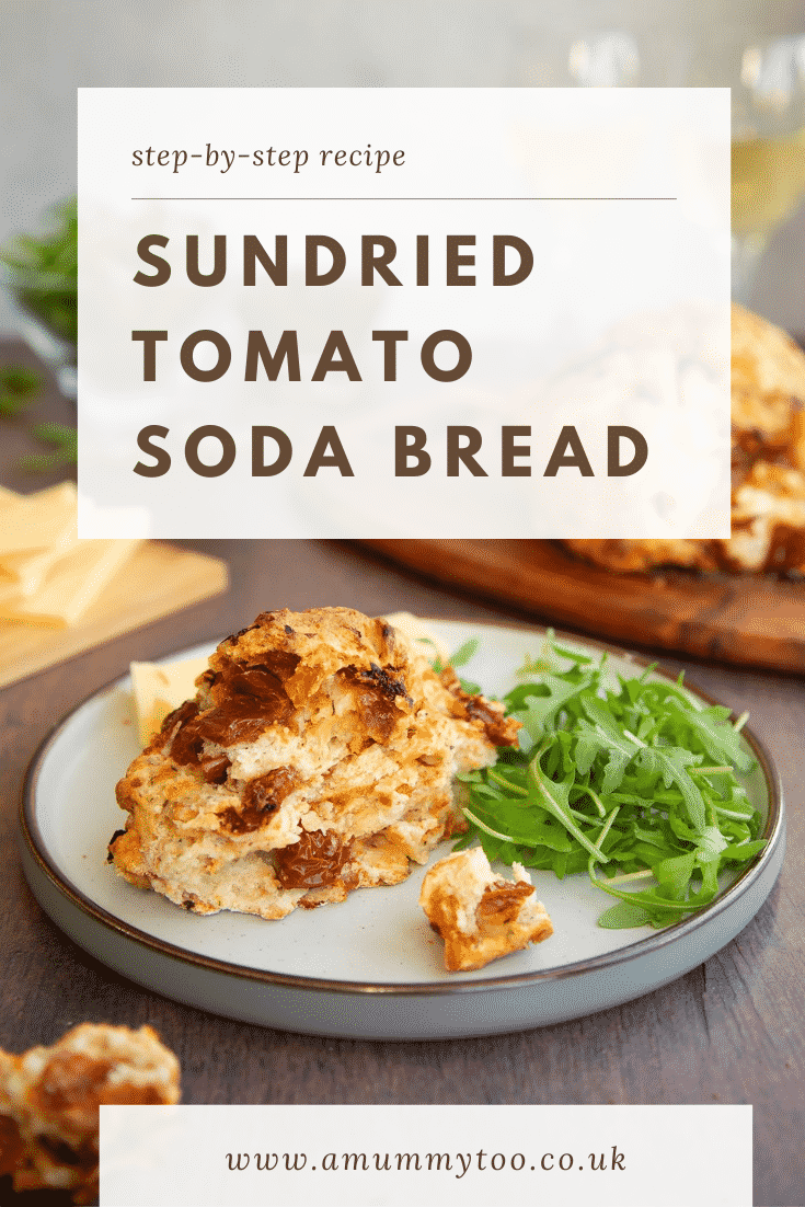 A piece of sundried tomato soda bread on a plate with salad. Caption reads: Step-by-step recipe Sundried tomato soda bread