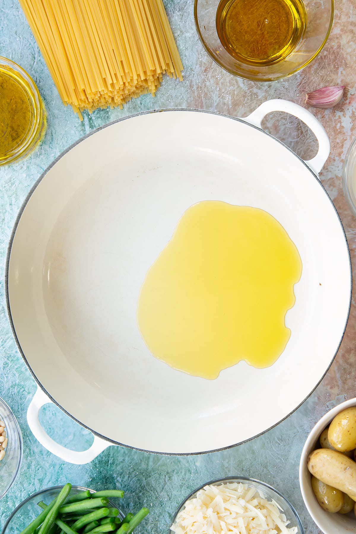 Overhead shot of oil in a pan.