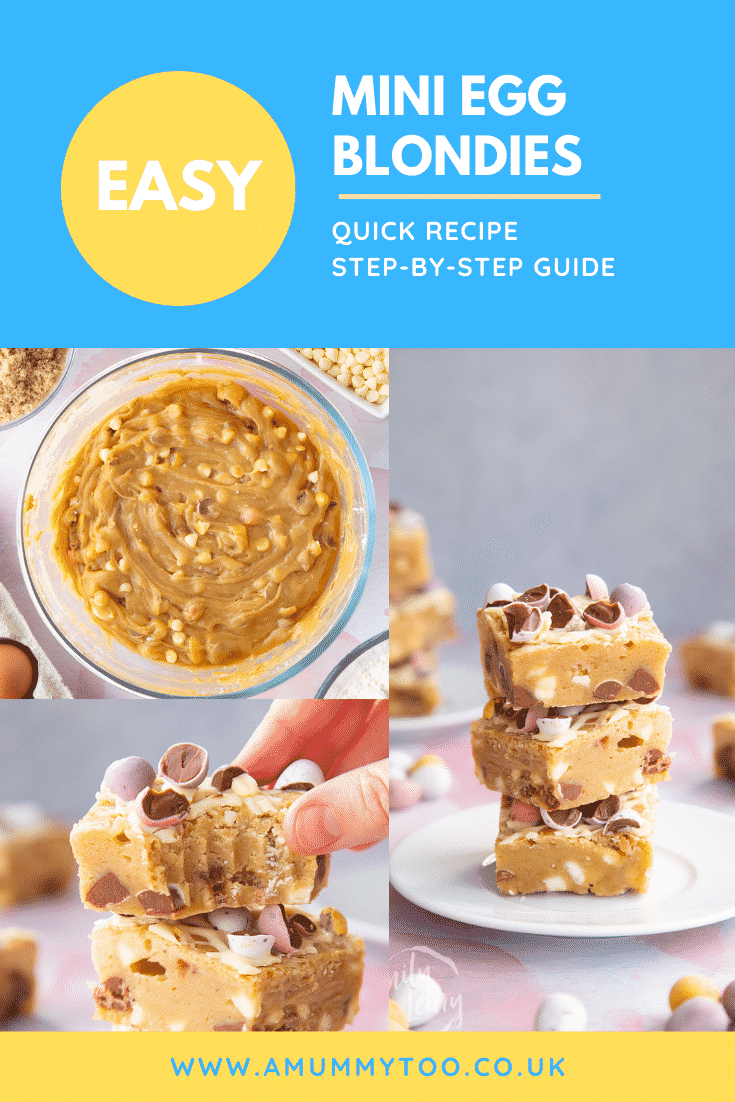 Collage of Mini Egg blondies on a white plate and the batter in a bowl. Caption reads: Easy Mini Egg blondies quick recipe step-by-step guide