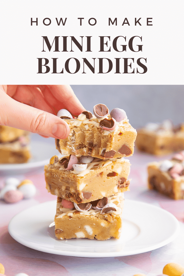 Three stacked Mini Egg blondies on a white plate. Caption reads: Easy & delicious Mini Egg blondies