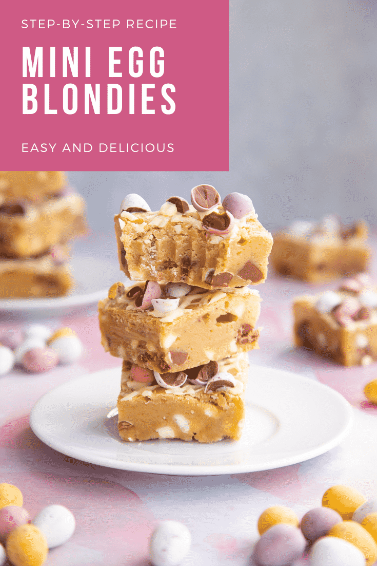 Three Mini Egg blondies on a white place. Caption reads: step-by-step recipe Mini Egg blondies easy and delicious