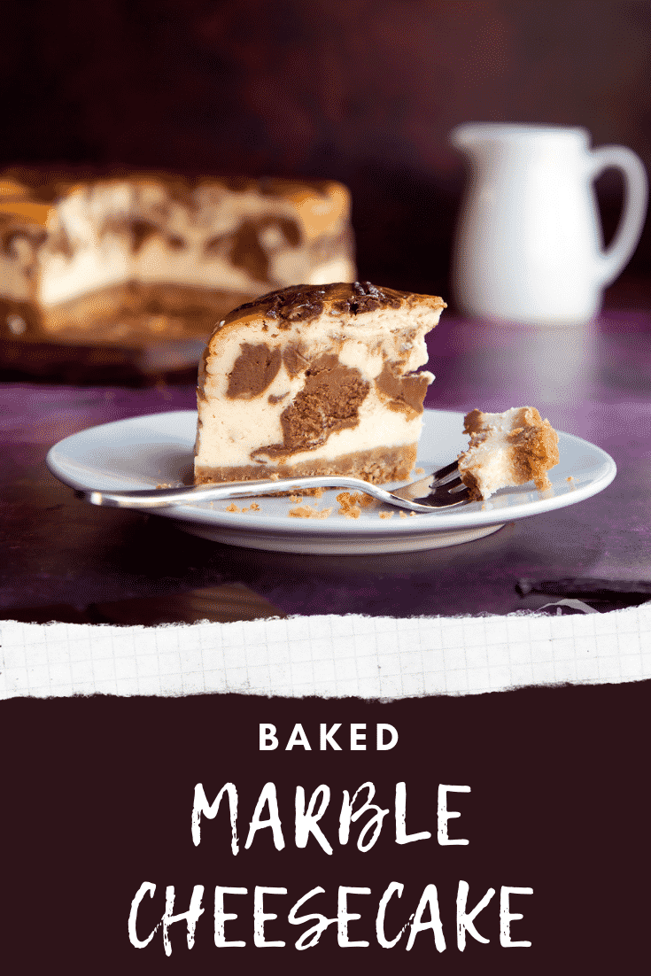 Pinterest image for marble cheesecake with text at the bottom of the image.