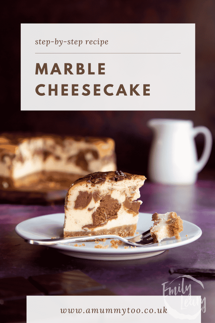 Pinterest image for marble cheesecake with text at the top of the image.