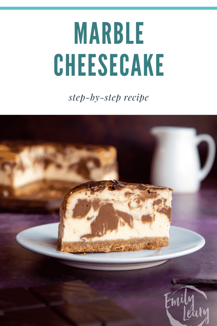 Pinterest image for marble cheesecake with text at the top of the image.