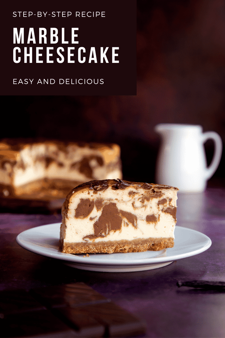 Pinterest image for marble cheesecake with text at the top of the image.