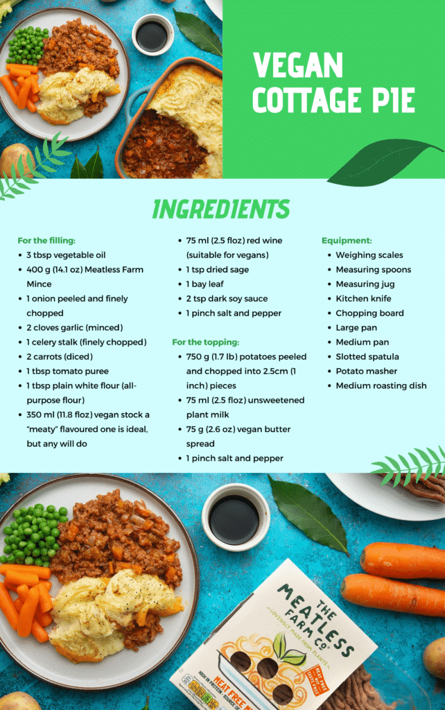 Page one of the vegan cottage pie recipe from inside the classic recipes made vegan eBook