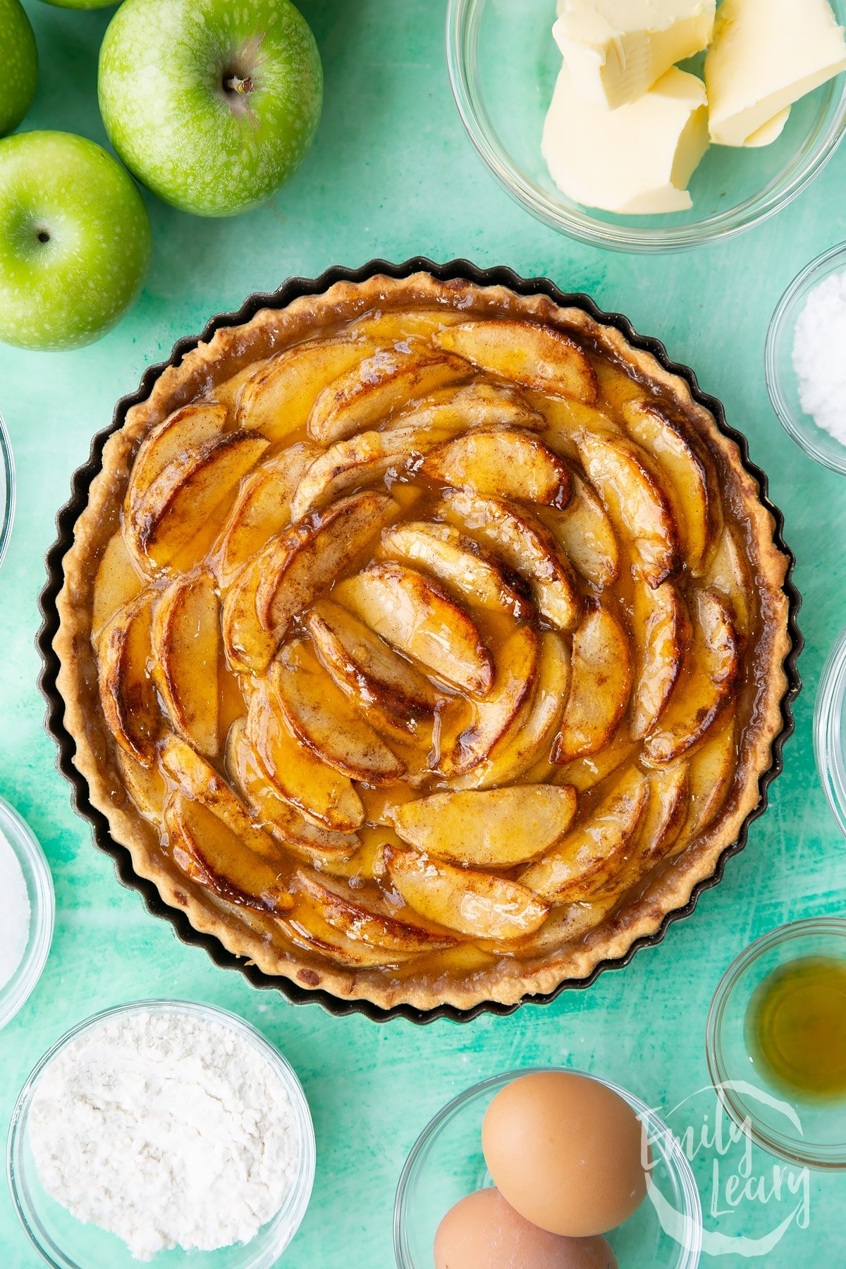 Overhead shot of the finished apple custard tart.