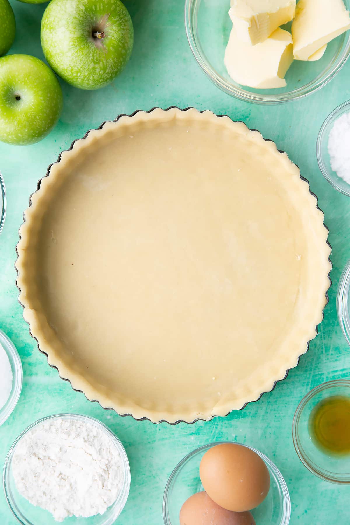 Overhead shot of the finished lined pastry tin.