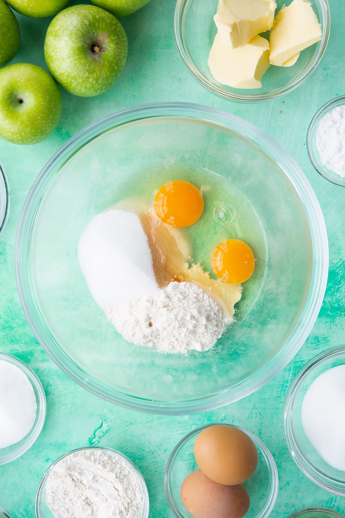 Overhead shot of the custard ingredients in a mixing bowl.