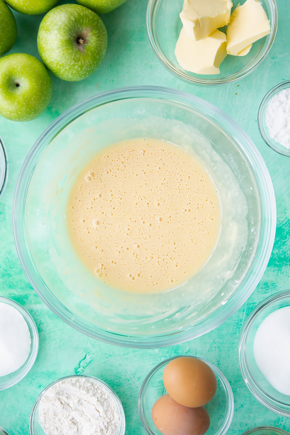 Overhead shot of the bowl of custard ingredients having been mixed together.