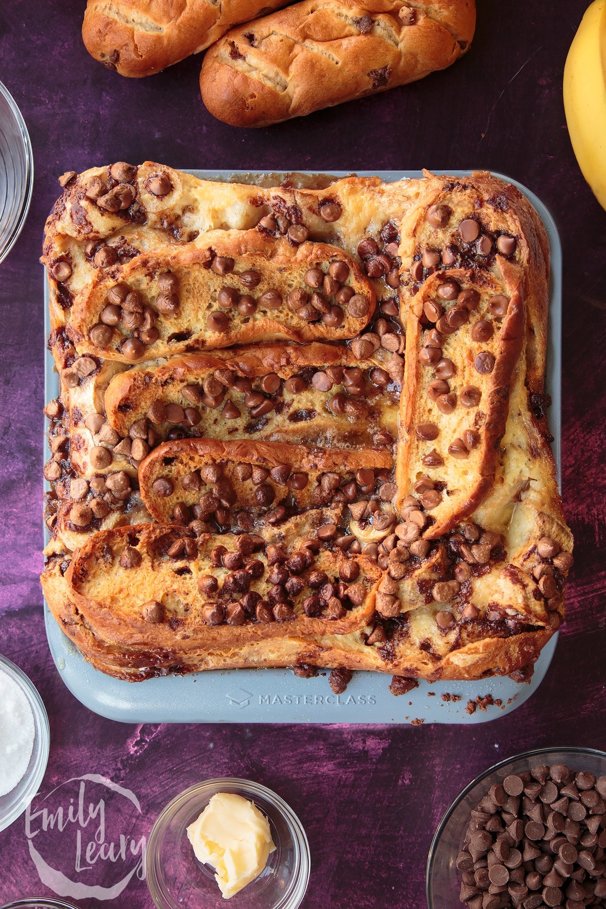 Overhead shot of the finished chocolate banana bread pudding having been baked in the oven.