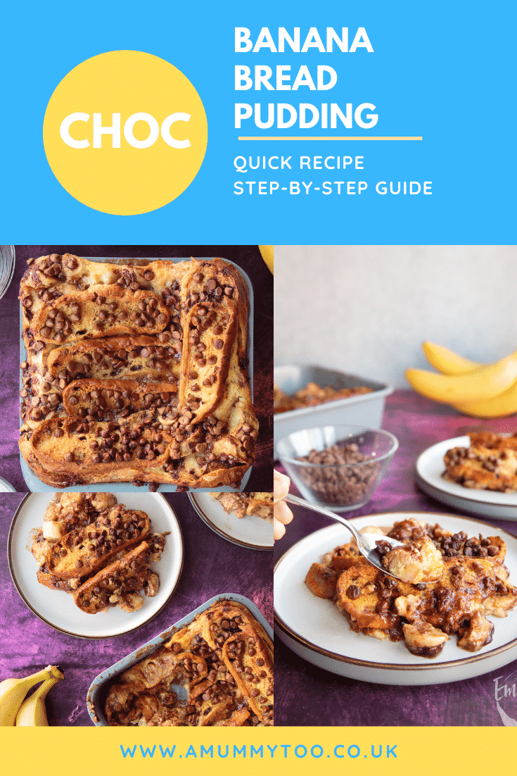 Pinterest image for the chocolate banana bread pudding with text at the top.