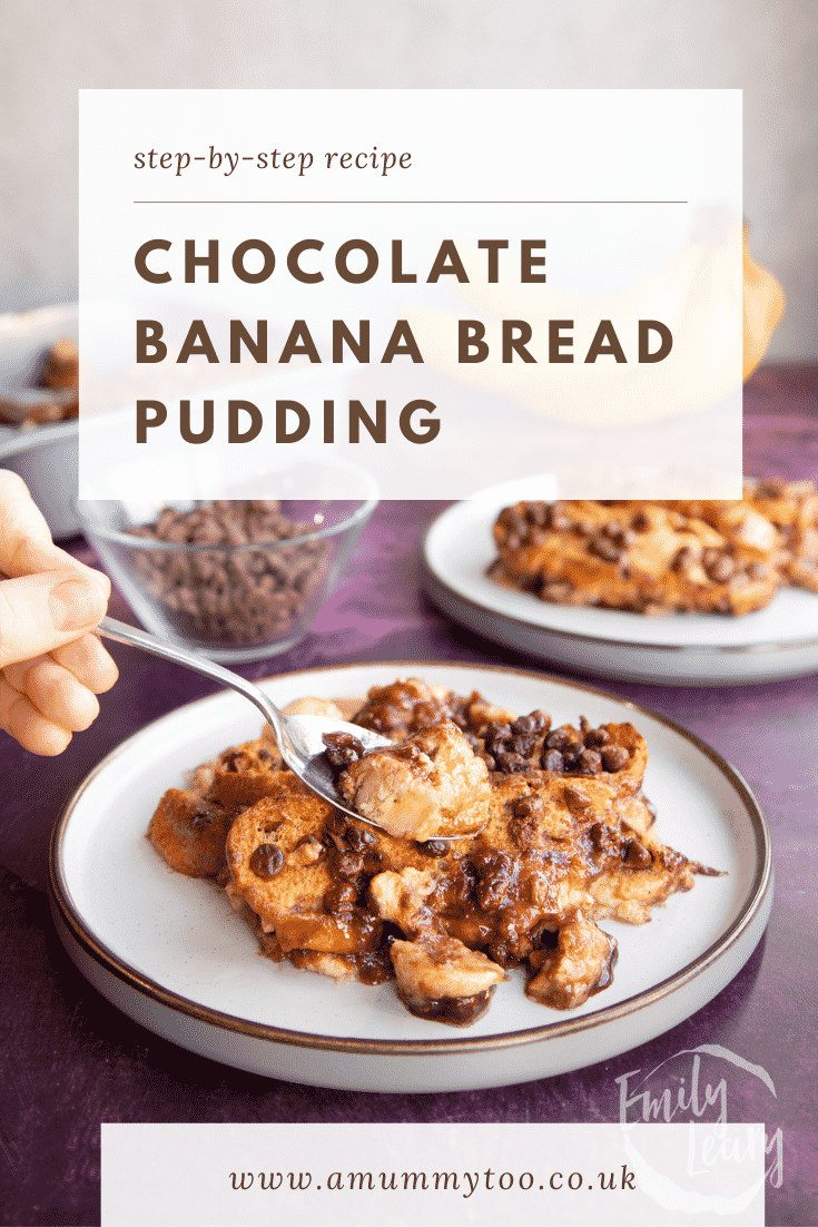 Pinterest image for the chocolate banana bread pudding with text at the top.