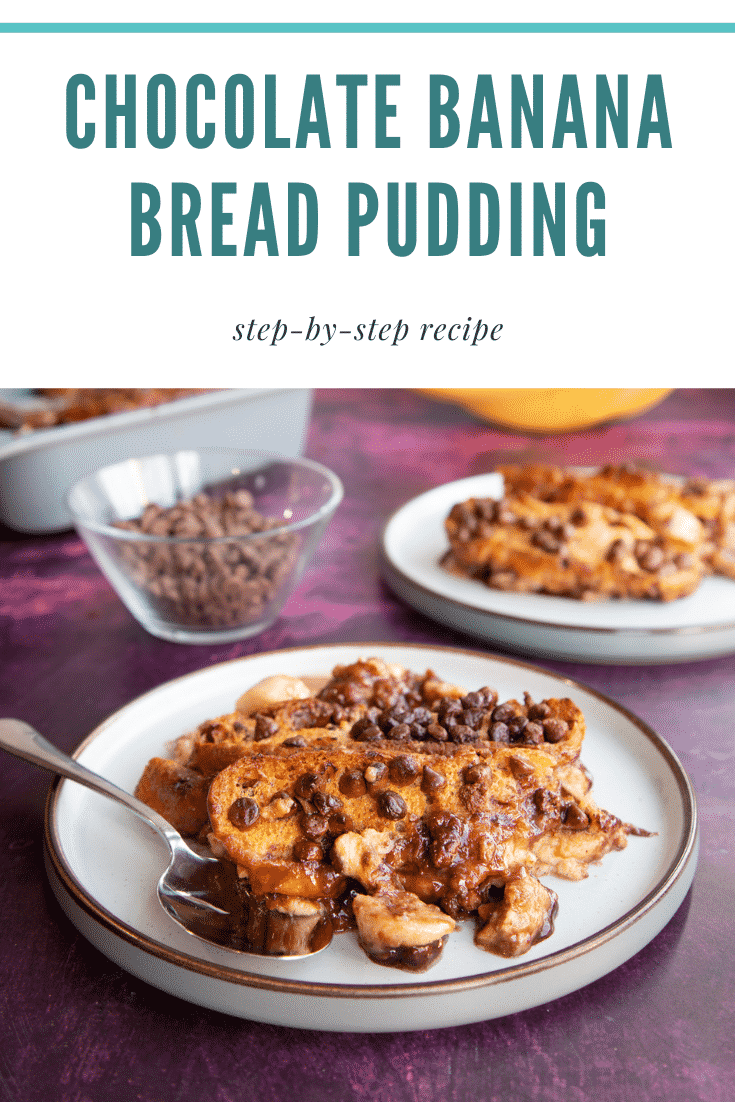 Pinterest image for the chocolate banana bread pudding with text at the top.