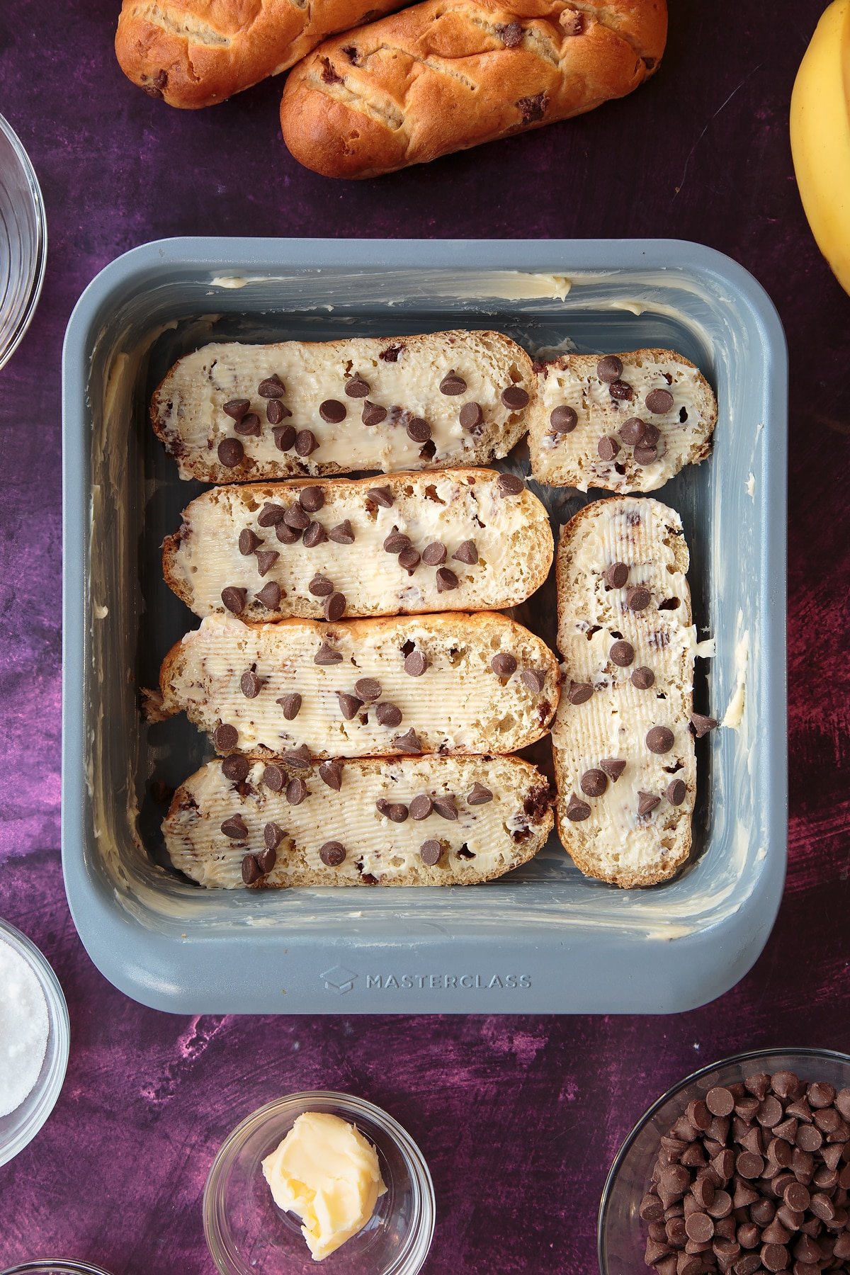 Chocolate chips sprinkled ontop of the broche.