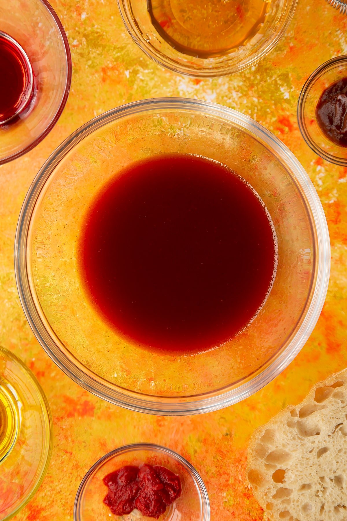 Overhead shot of the homemade chipotle dressing ingredients having been mixed together in a bowl.