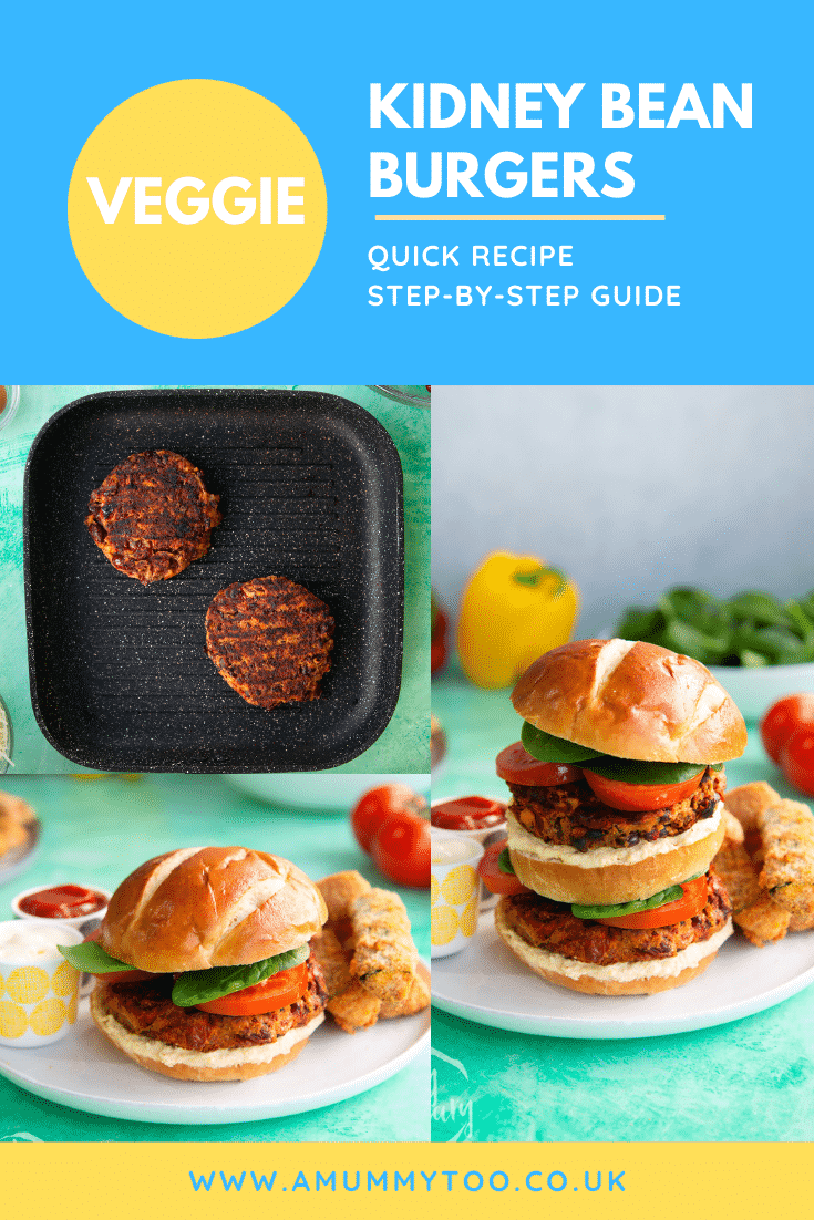 Three images of the kidney bean burgers with text at the top of the image describing it for Pinterest