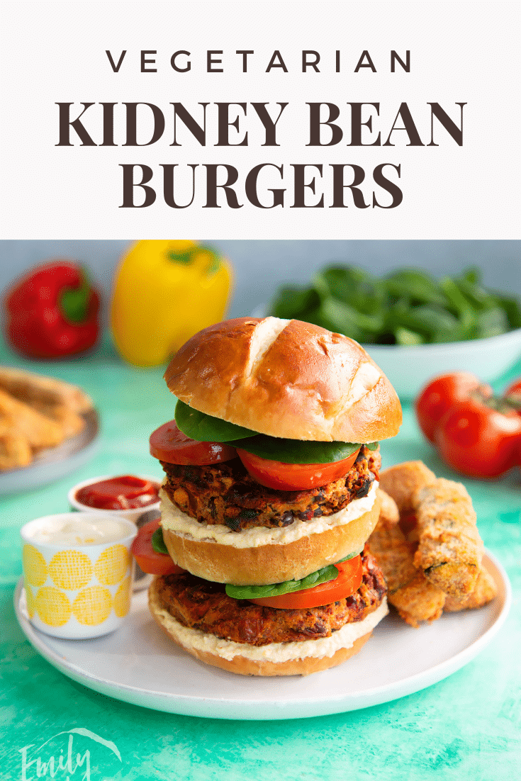 Double stacked kidney bean burger with text at the top describing it for Pinterest.