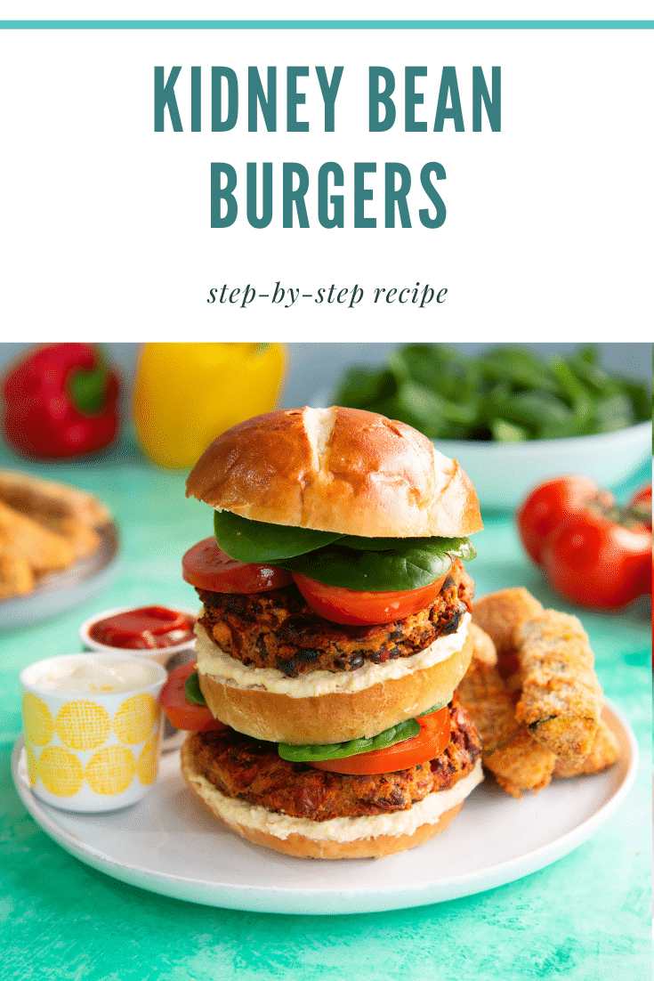 Double stacked kidney bean burger with text at the top describing it for Pinterest.
