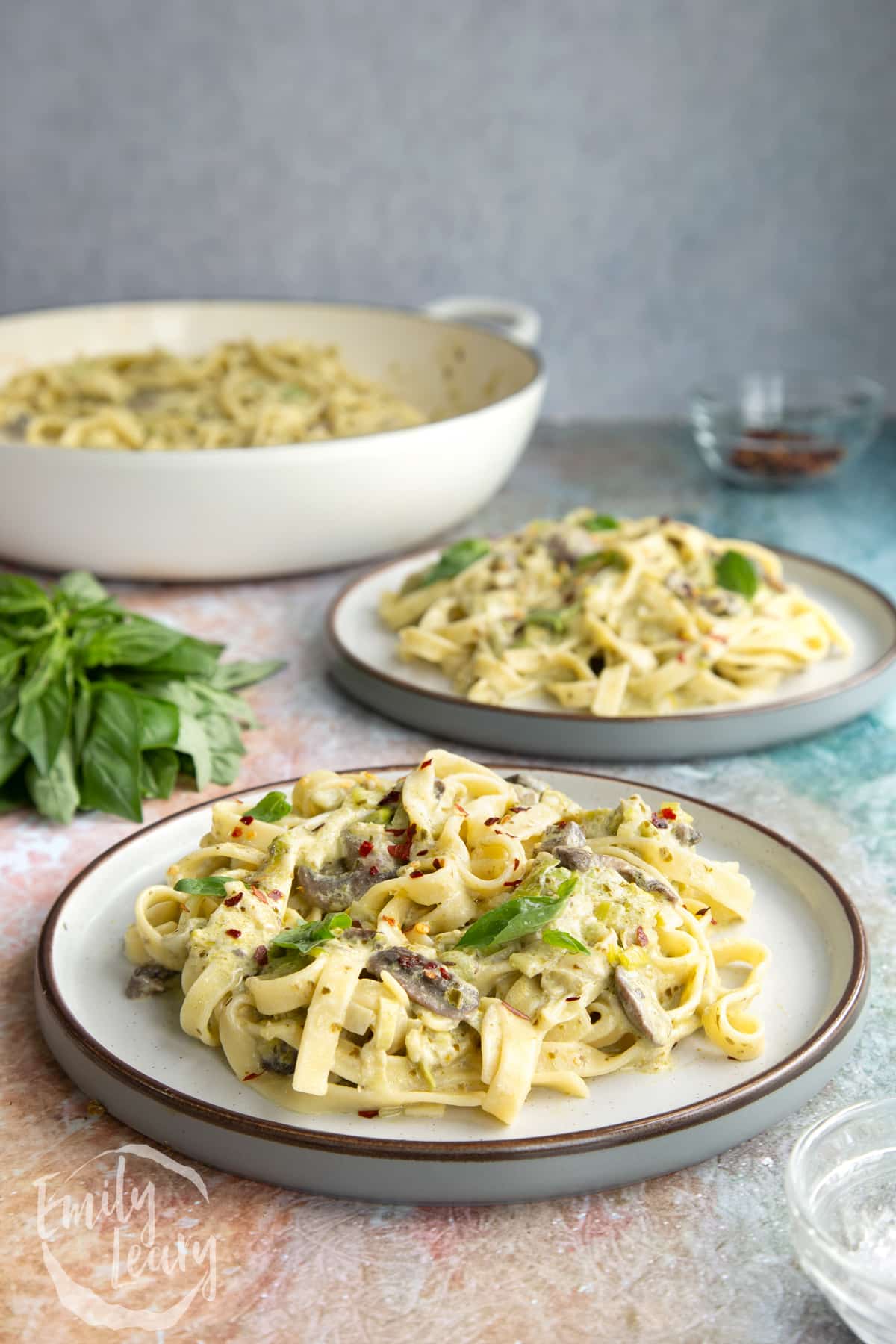 Side on shot of the finished Leek and pesto pasta.