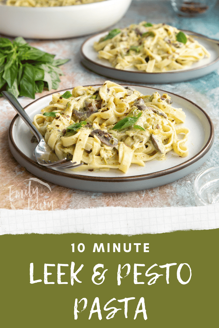 Pinterest image for the leek and pesto pasta.