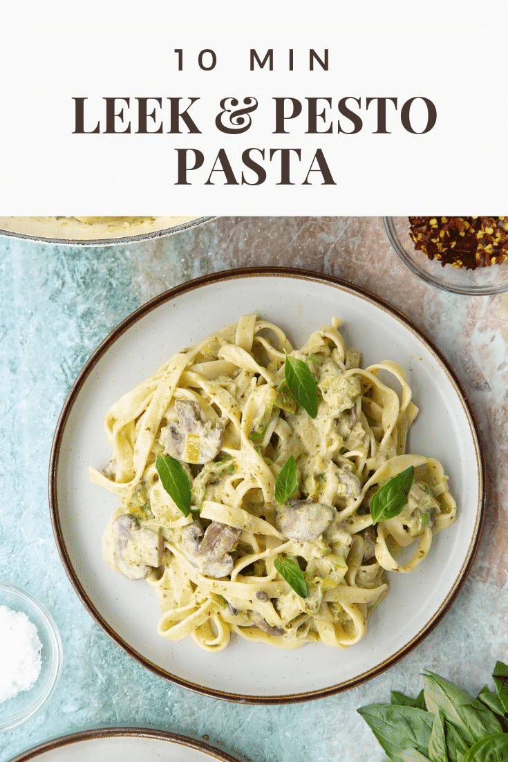 Pinterest image for the leek and pesto pasta.