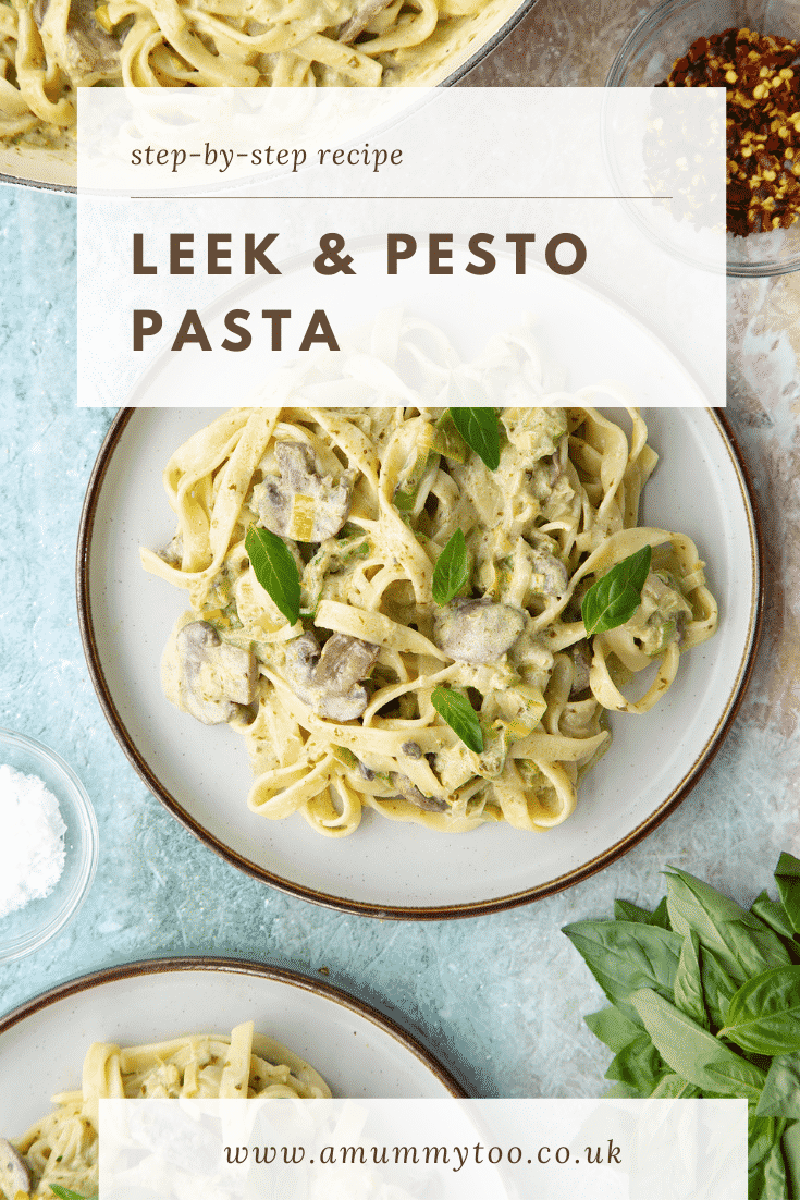 Pinterest image for the leek and pesto pasta.