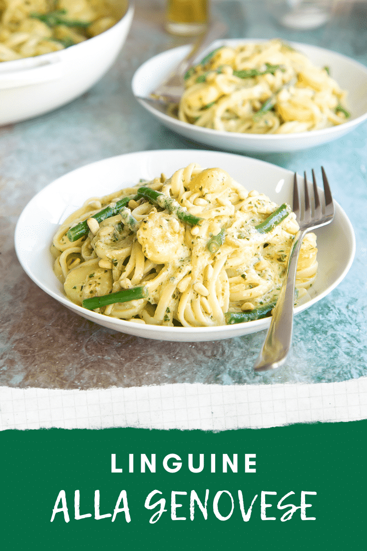 Pinterest image for the Linguine alla genovese with text at the bottom describing the image.