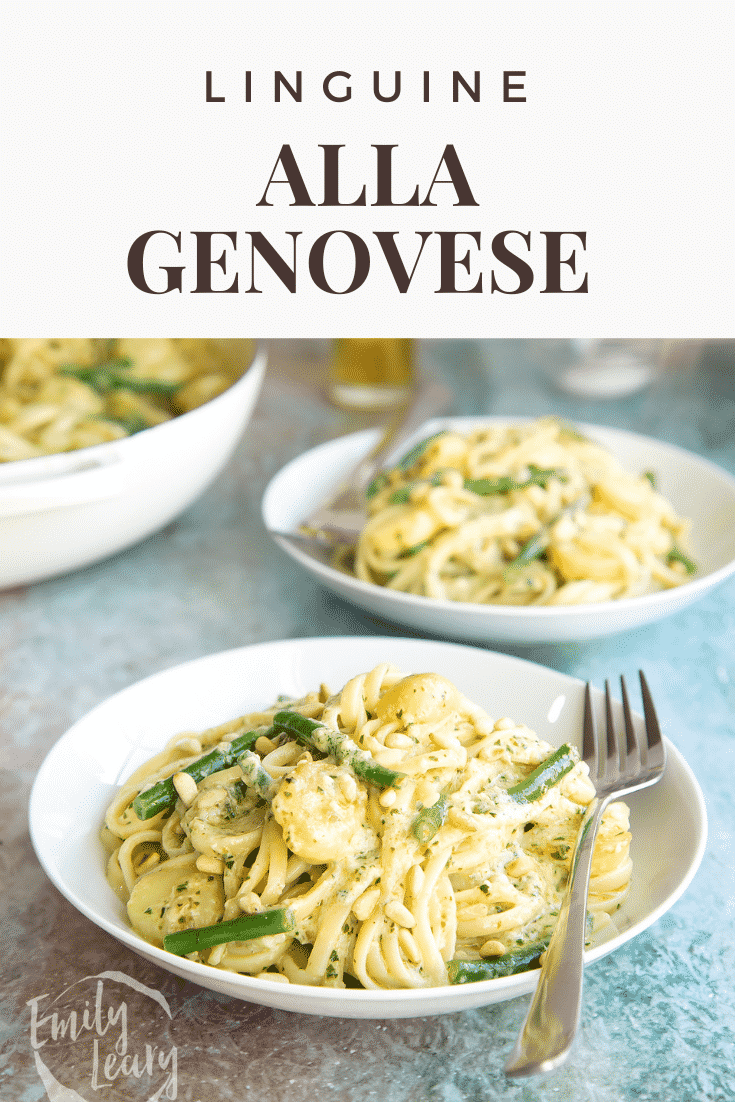 Pinterest image for the Linguine alla genovese with text at the top describing the image.