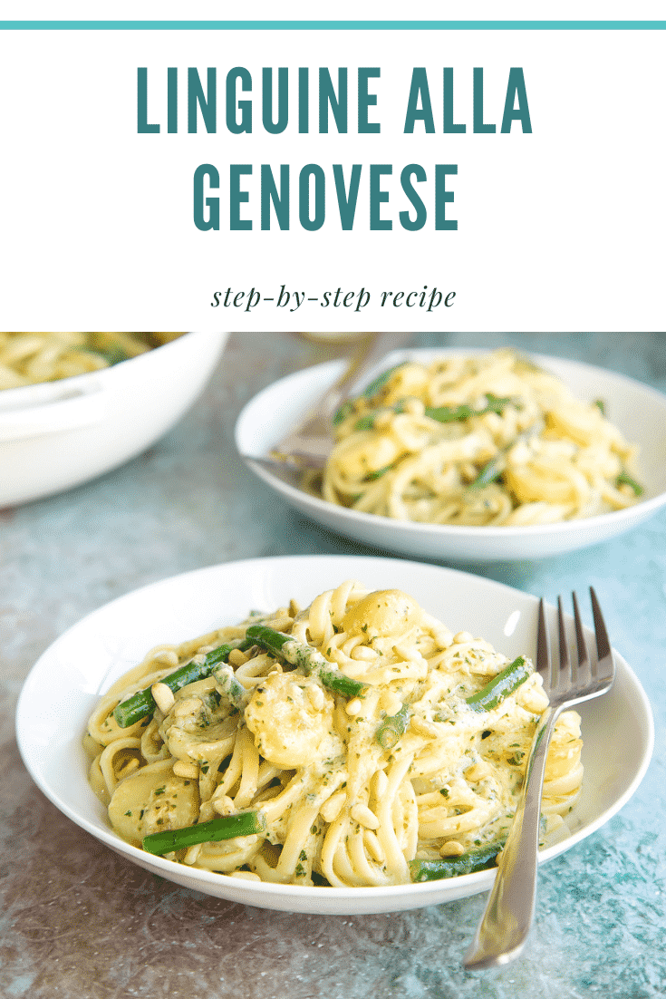 Pinterest image for the Linguine alla genovese with text at the top describing the image.