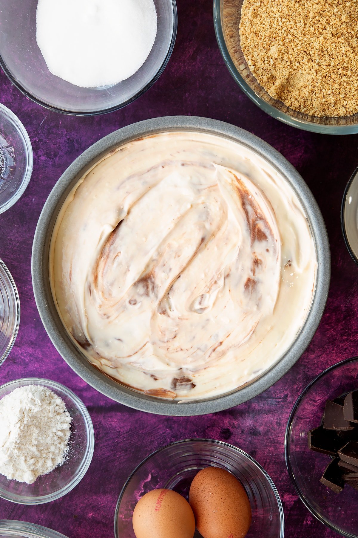 Overhead shot of the marble cheesecake before going in the oven.