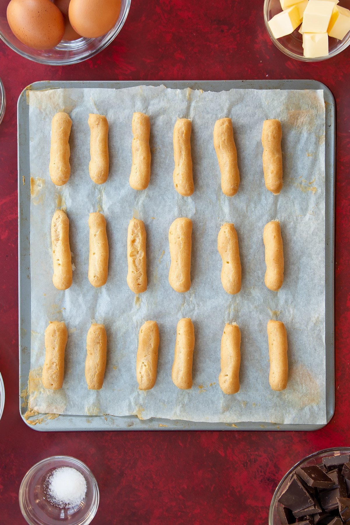 Overhead shot of the mini eclairs choax having been in the oven. 