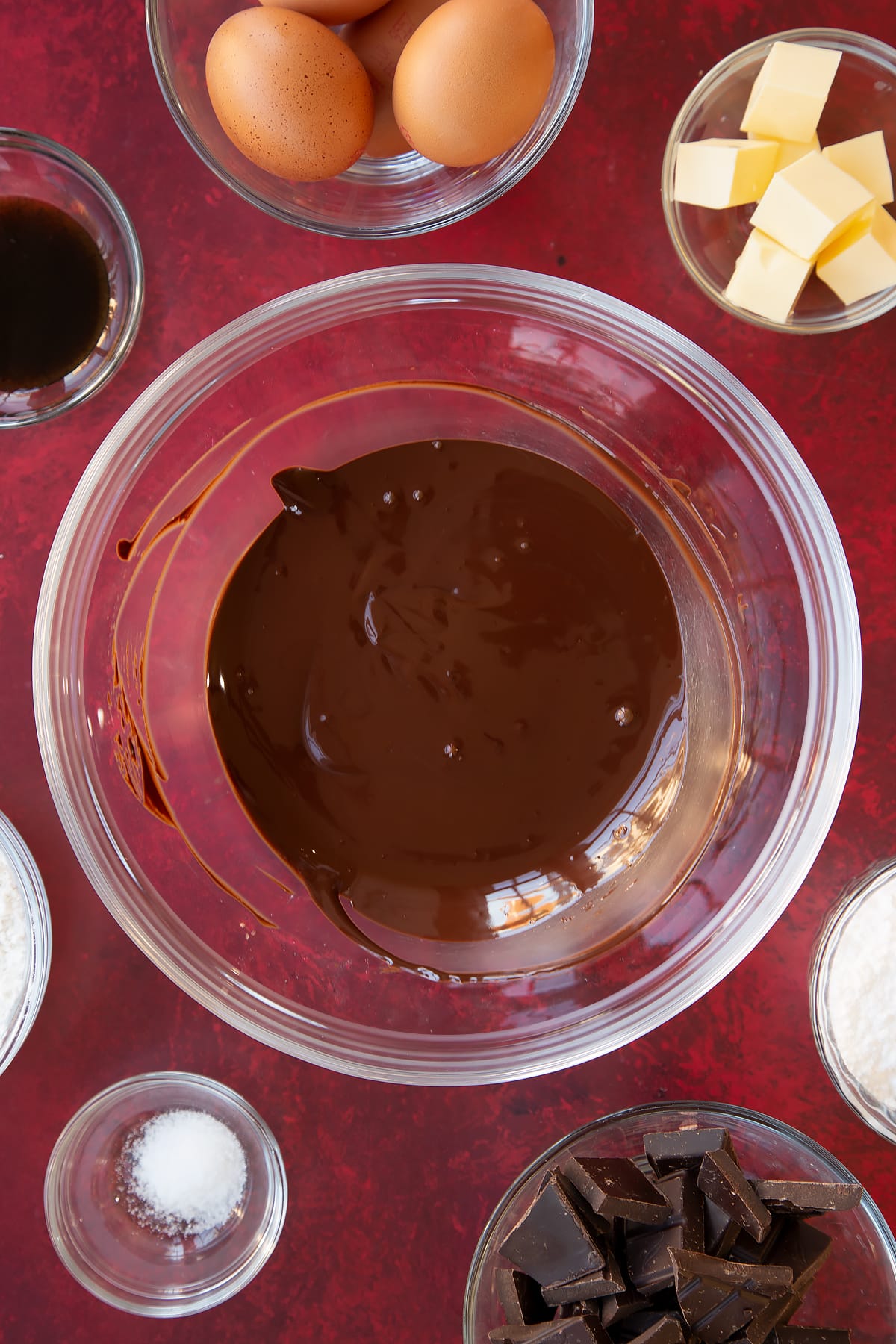 Overhead shot of the dark chocolate having been melted in the bowl.